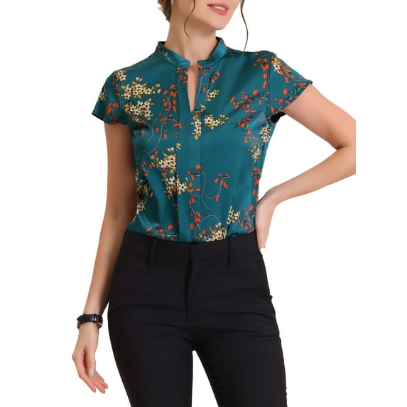INSPIRE CHIC Valentine's Day Women's Satin Tops Vintage Floral Cap Sleeves Summer Work Business Shirt Blouses XL Navy Blue