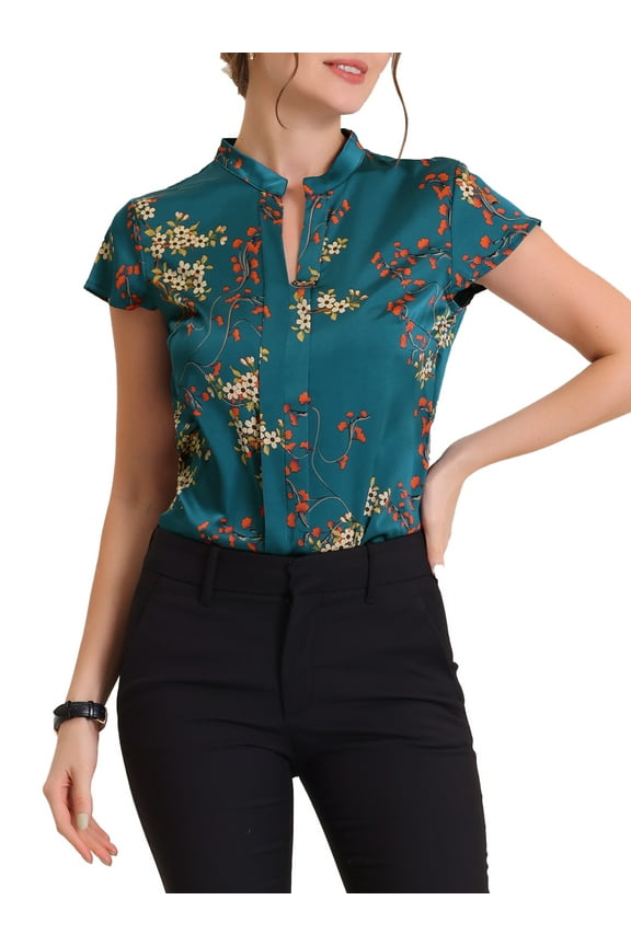 Valentine's Day Women's Satin Tops Vintage Floral Cap Sleeves Summer Work Business Shirt Blouses XL Navy Blue