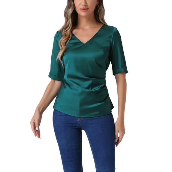 INSPIRE CHIC Satin Blouse for Women's V Neck Short Sleeve Ruched Tie Back Casual Office Tops L Blue Green