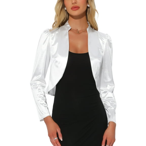 INSPIRE CHIC Satin Bolero Shrugs for Women's Open Front Ruched Long Sleeves Cropped Shrug L White