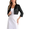 thumbnail image 1 of Satin Cardigan for Women's 3/4 Sleeve Open Front Cropped Office Work Bolero Shrug M Black, 1 of 5