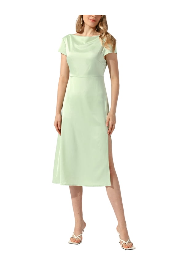 Satin Dress for Women's Cowl Neck Cap Sleeve Backless Twist Split Midi Cocktail Dress