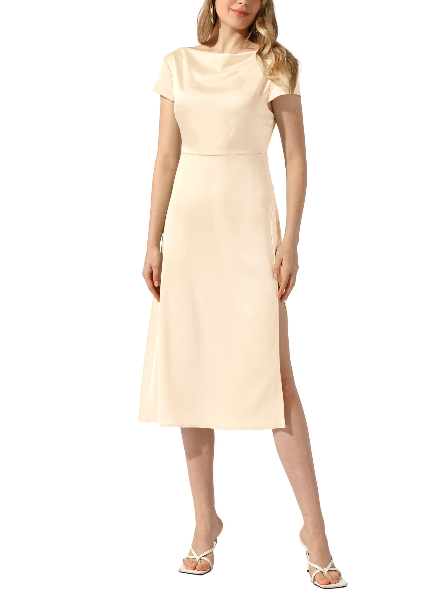 INSPIRE CHIC Satin Dress for Women's Cowl Neck Cap Sleeve Backless Twist  Split Midi Cocktail Dress