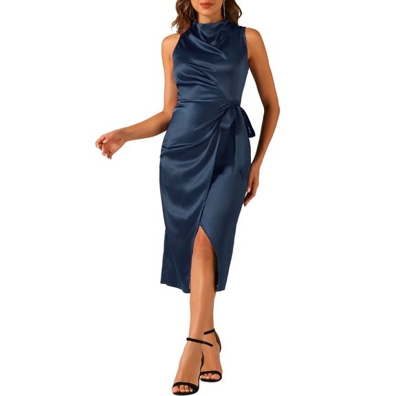 INSPIRE CHIC Satin Sleeveless Dress for Women's Stand Collar Tie Ruched Waist Dresses