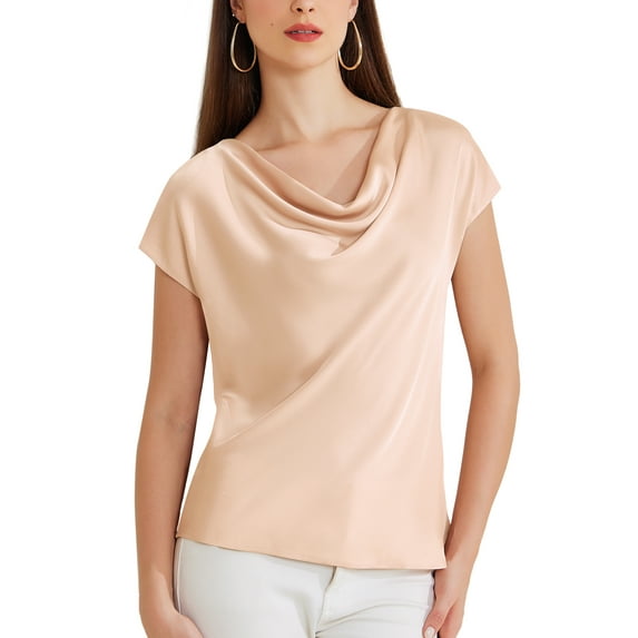 INSPIRE CHIC Satin Top for Women's Cowl Neck Short Sleeve Dressy Casual Blouse L Pink