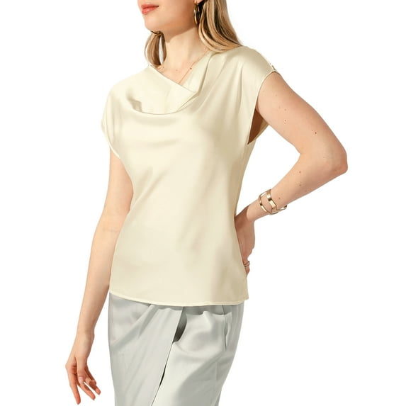 INSPIRE CHIC Satin Top for Women's Cowl Neck Short Sleeve Dressy Casual Blouse M Beige