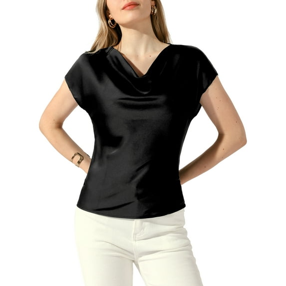INSPIRE CHIC Satin Top for Women's Cowl Neck Short Sleeve Dressy Casual Blouse S Black