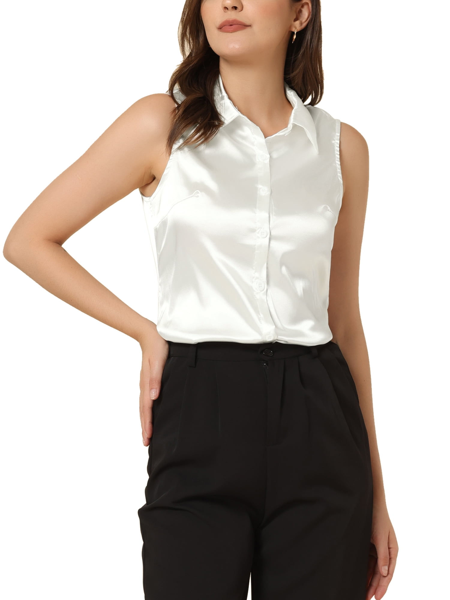 Allegra K Satin Work Blouses for Women's Collar Sleeveless Button Down  Shirts