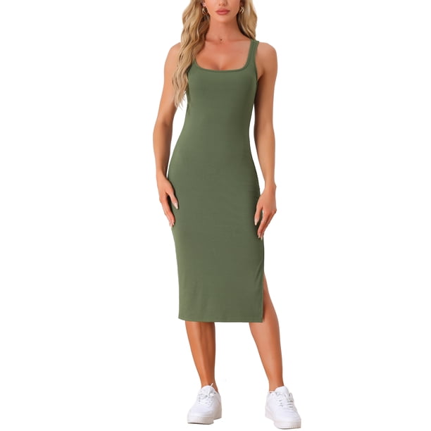 INSPIRE CHIC Scoop Neck Dress for Women's Sleeveless Rib Knit Long Side  Slit Dress L Olive Green - Walmart Business Supplies
