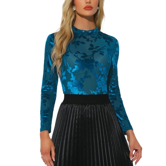 INSPIRE CHIC Valentine's Day See Through Mesh Top for Women's Mock Neck Velvet Floral Print Tee Shirts M Blue
