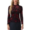 thumbnail image 1 of INSPIRE CHIC Valentine's Day See Through Mesh Top for Women's Mock Neck Velvet Floral Print Tee Shirts XS Black Red, 1 of 5