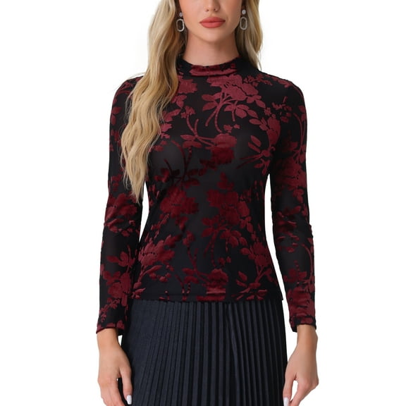 INSPIRE CHIC Valentine's Day See Through Mesh Top for Women's Mock Neck Velvet Floral Print Tee Shirts XS Black Red
