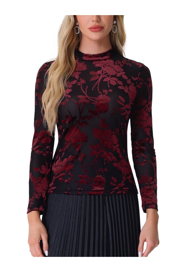 Valentine's Day See Through Mesh Top for Women's Mock Neck Velvet Floral Print Tee Shirts M Black Red