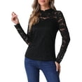 thumbnail image 1 of INSPIRE CHIC Semi Sheer Lace Blouse for Women's Long Sleeve Round Neck Work Casual Vintage Top XS Black, 1 of 6