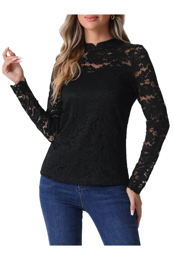 Semi Sheer Lace Blouse for Women's Long Sleeve Round Neck Work Casual Vintage Top XS Black