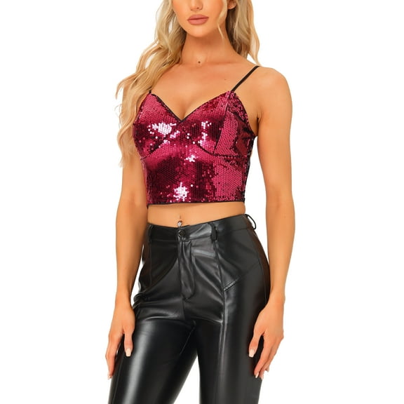 INSPIRE CHIC Sequin Cami Top for Women's Spaghetti Strap Club Party Cropped Tank Tops XS Cerise