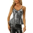 thumbnail image 1 of INSPIRE CHIC Women's Top Sequin Cami Spaghetti Strap V Neck Sparkle Ruffles Peplum Tops XS Black, 1 of 6