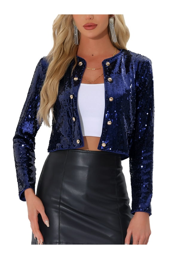 Sequin Cardigan for Women's Button Long Sleeve Open Front Cropped Party Club Jackets Dark Blue M