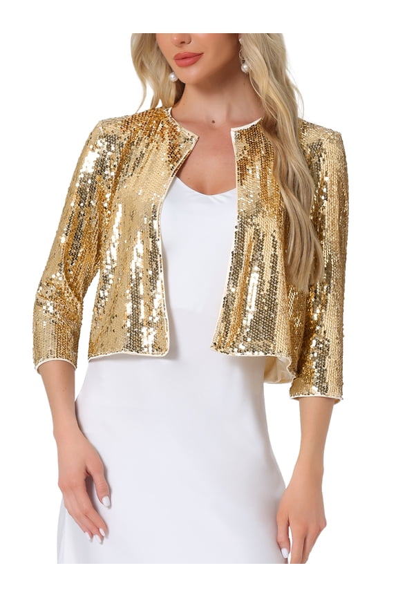Sequin Cardigan for Women's Glitter 3/4 Sleeve Open Front Party Jackets M Gold