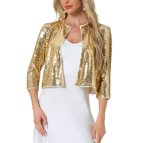 INSPIRE CHIC Sequin Cardigan for Women's Glitter 3/4 Sleeve Open Front Party Jackets XS Gold