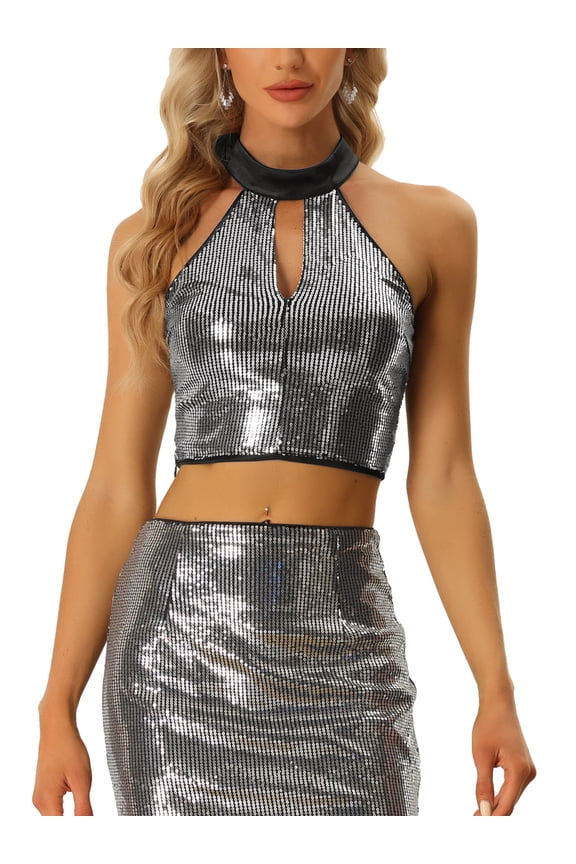 Sequin Crop Top for Women's Cutout Halter Neck Shiny Party Metallic Top L Silver