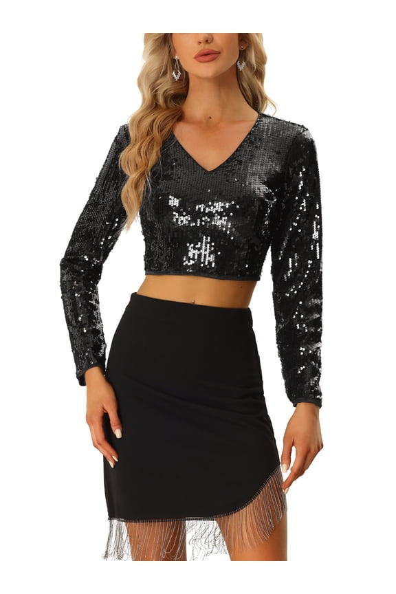Sequin Crop Top for Women's Long Sleeve V Neck Sparkly Shiny Party Blouse M Black