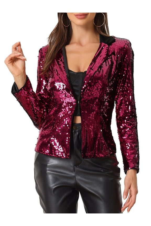 Sequin Jacket for Women's Contrast Collar Shiny Metallic Blazers