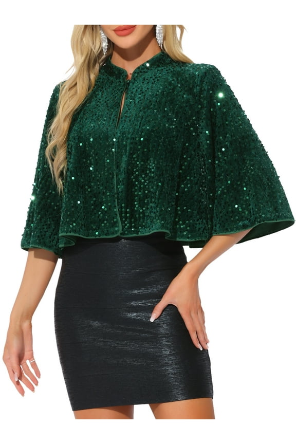 Sequin Jackets for Women's Velvet Capelet Cocktail Sprakly Bolero Shrugs M Dark Green