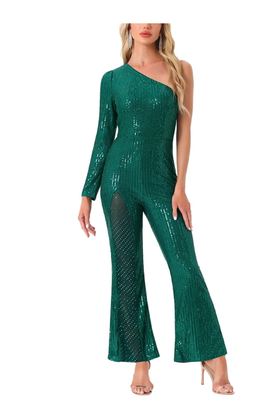 Sequin Jumpsuits for Women's One Shoulder See Through Wide Legs Party Romper XS Green