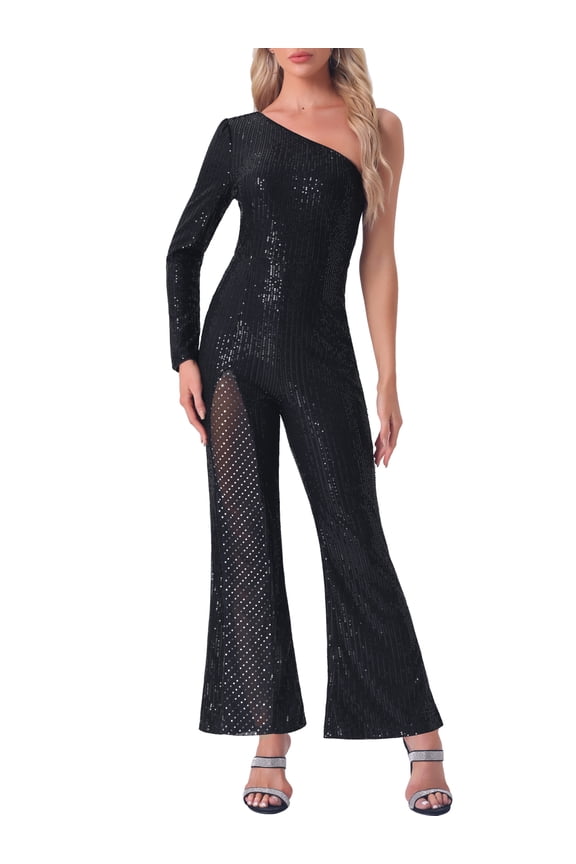 Sequin Jumpsuits for Women's One Shoulder See Through Wide Legs Party Romper S Black