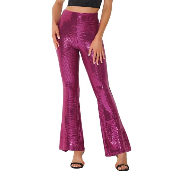 INSPIRE CHIC Women's Pant Sequin Sparkle Stretch Shiny Glitter Flare Bell Bottoms Pants M Hot Pink