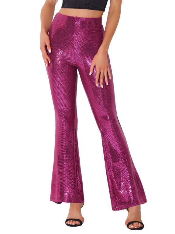 Women's Halloween Pant Sequin Sparkle Stretch Shiny Glitter Flare Bell Bottoms Pants M Hot Pink