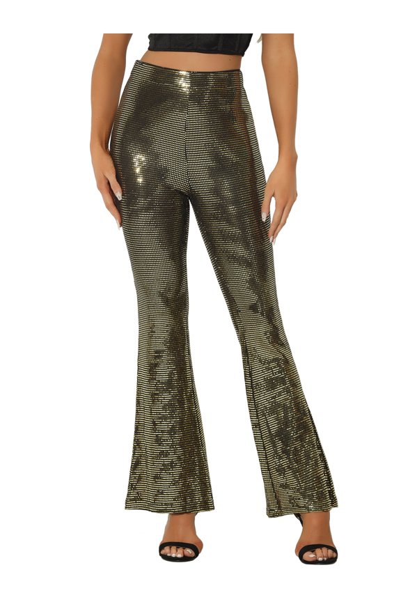 Women's Pant Sequin Sparkle Stretch Shiny Glitter Flare Bell Bottoms Pants M Gold