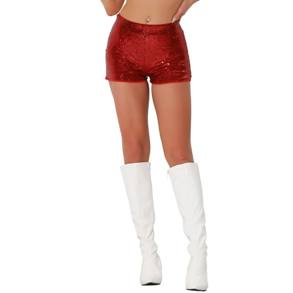 INSPIRE CHIC Women's Shorts Glitter Sequin Midrise Solid Sparkle Coctail Elastic Waist Shorts XS Red