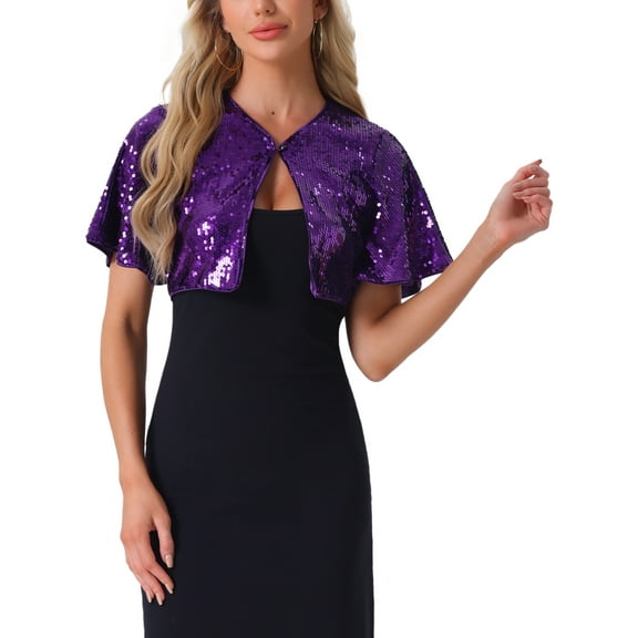 INSPIRE CHIC Sequin Shrug Bolero for Women's Flared Sleeve Crop Sparkly Glitter Jackets M Purple