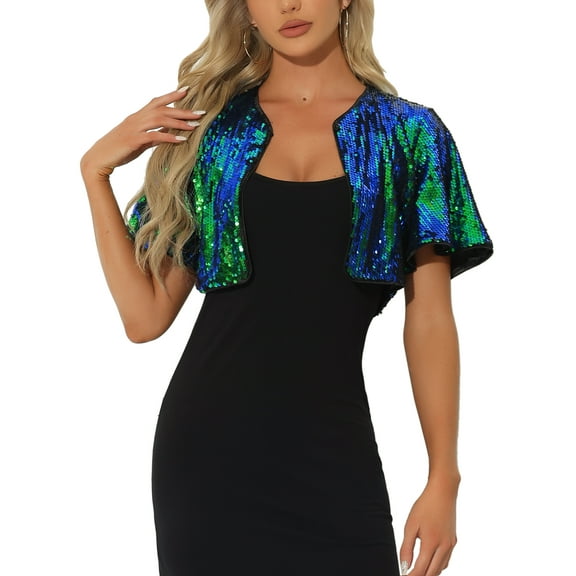 INSPIRE CHIC Sequin Shrug Bolero for Women's Flared Sleeve Crop Sparkly Glitter Jackets S Green Blue