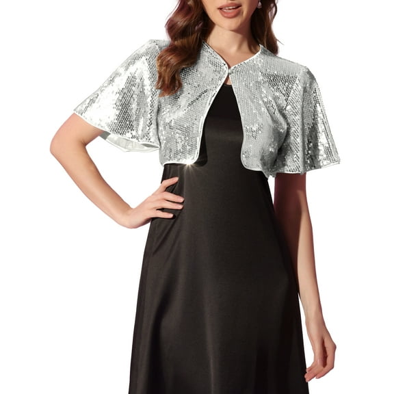 INSPIRE CHIC Sequin Shrug Bolero for Women's Flared Sleeve Crop Sparkly Glitter Jackets L Silver