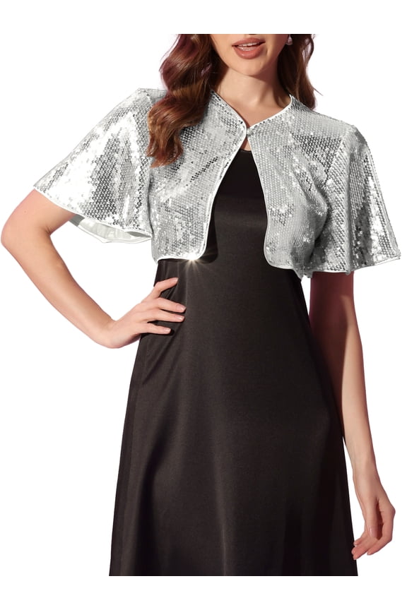 Sequin Shrug Bolero for Women's Flared Sleeve Crop Sparkly Glitter Jackets L Silver
