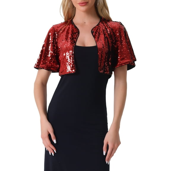 INSPIRE CHIC Sequin Shrug Bolero for Women's Flared Sleeve Crop Sparkly Glitter Jackets L Red