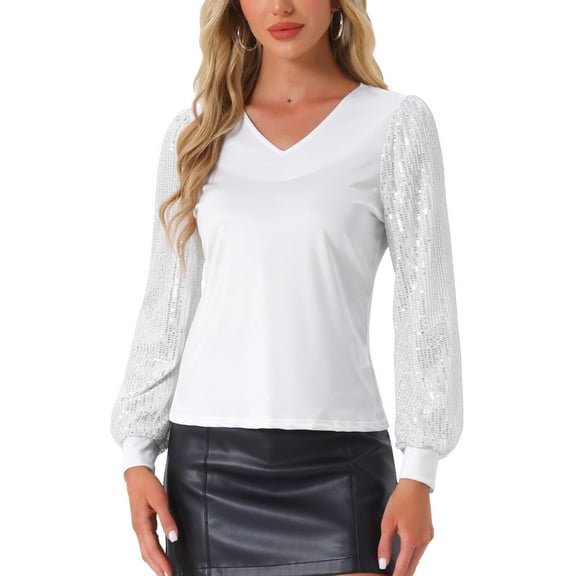 INSPIRE CHIC Sequin Sleeve Top for Women's V Neck Party Sparkly Tops L White