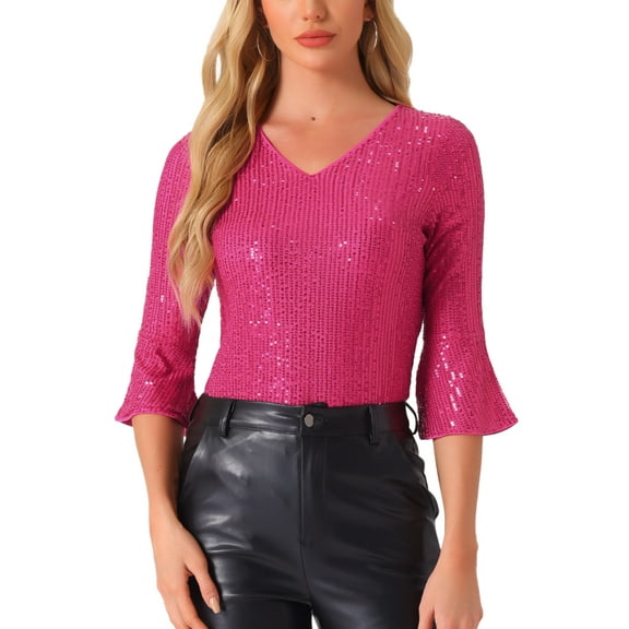 INSPIRE CHIC Sequin Top for Women's 3/4 Bell Sleeve V Neck Metallic Sparkly Glitter Party Blouse
