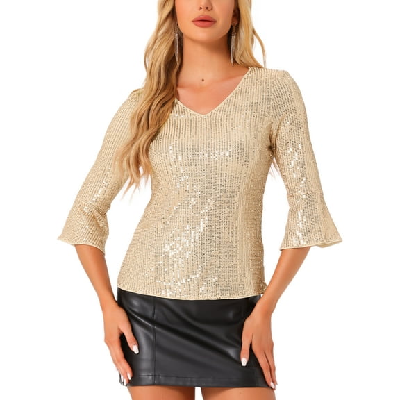 INSPIRE CHIC Sequin Top for Women's 3/4 Bell Sleeve V Neck Metallic Sparkly Glitter Party Blouse