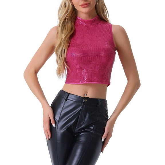 INSPIRE CHIC Metallic Crop Top for Women's Sleeveless Christmas Sparkly Sequin Tops L Hot Pink
