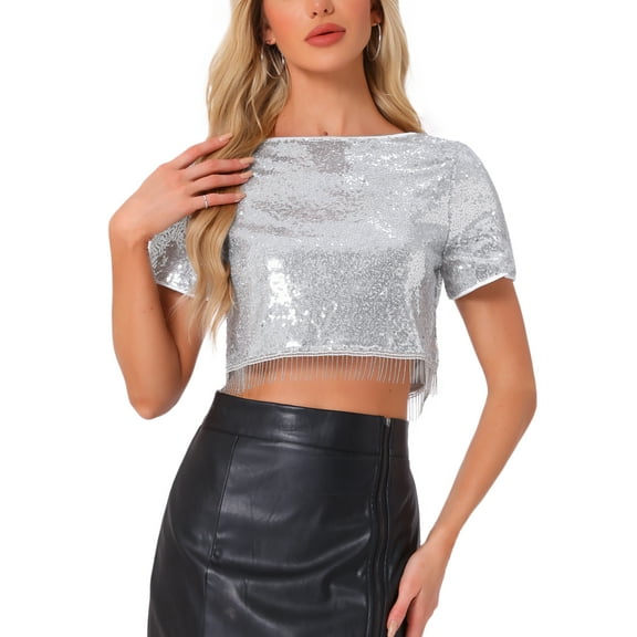 INSPIRE CHIC Women's Top Sequin Glitter Short Sleeve Cropped Round Neck Tassel Cocktail Party Sparkly Top L Silver