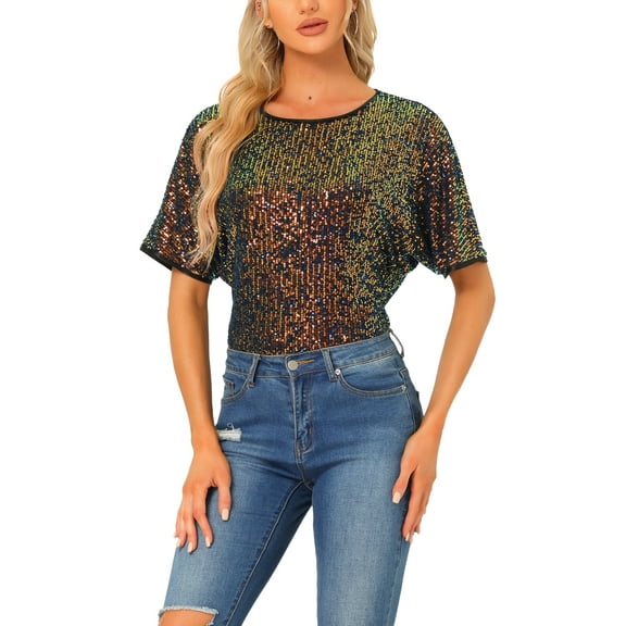 INSPIRE CHIC Sequin Shirt for Women's Sparkly Dolman Sleeve Party Oversize Bling Glitter Blouse S Multicolor