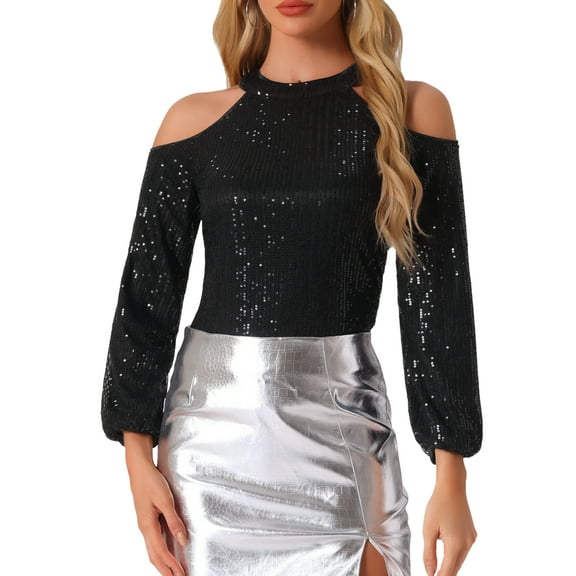 INSPIRE CHIC Sequin Tops for Women's Sparkle Glitter Long Sleeve Cold Shoulder Party Tunic Tops