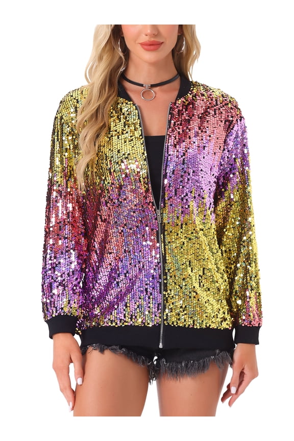 Sequined Shiny Jackets for Women's Long Sleeve Party Zipper Blazer Bomber Jacket M Pink Yellow