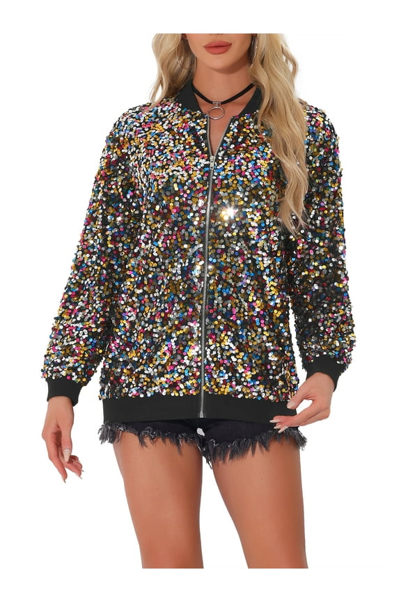 Sequined Shiny Jackets for Women's Long Sleeve Party Zipper Blazer Bomber Jacket XS Multicolor