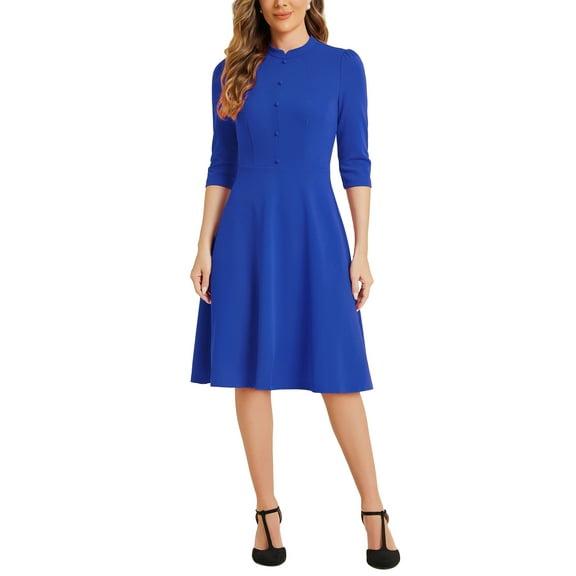INSPIRE CHIC Women's Vintage Dress 3/4 Sleeves Stand Collar Office A-Line Dress XL Royal Blue