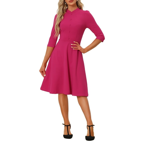 INSPIRE CHIC Women's Vintage Dress 3/4 Sleeves Stand Collar Office A-Line Dress M Hot Pink
